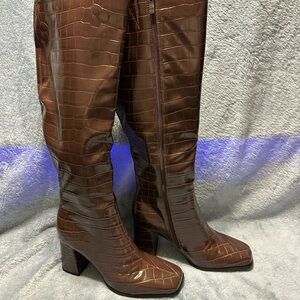 Brown Croc-Embossed Knee-High Boots